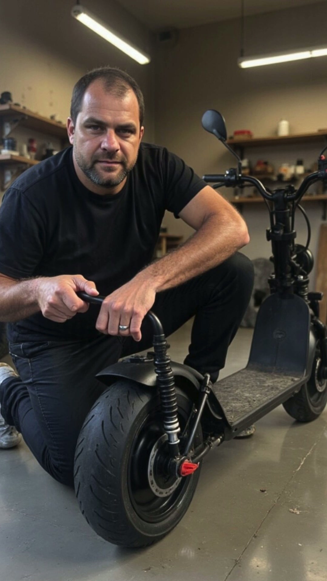 Taffarel Louzada, fundador do Mundo dos Elétricos, em uma oficina ao lado de uma scooter elétrica